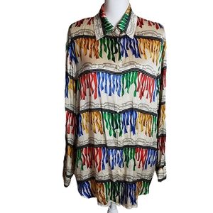 Jessica Holbrook 100% Silk Shirt Sz L Multicolor Ribbon Print French Button Up